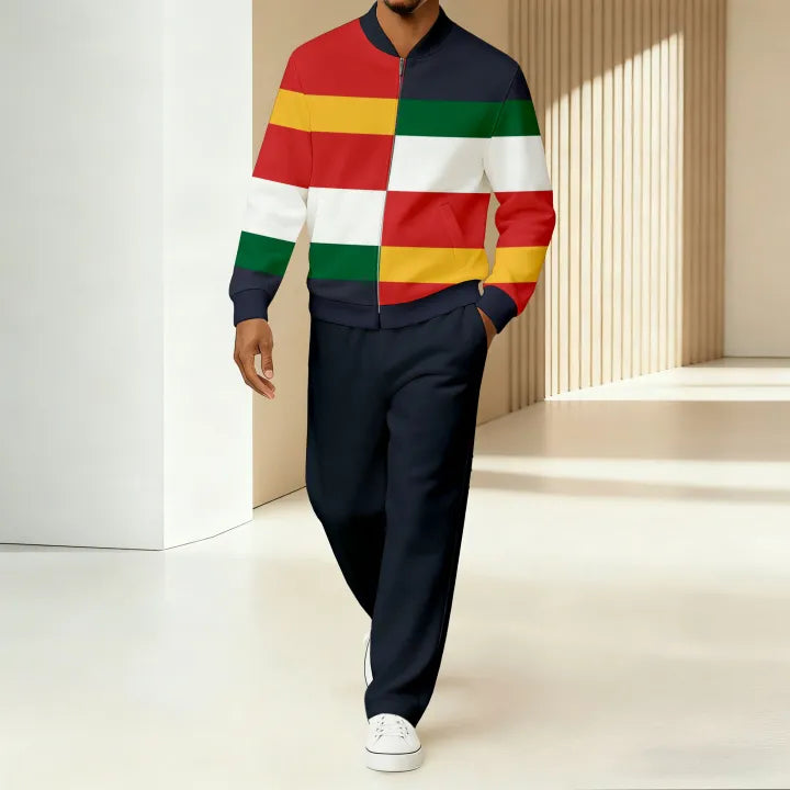 Men's Green Red Zip Up Tracksuit Set - Striped Jacket & Track Pants