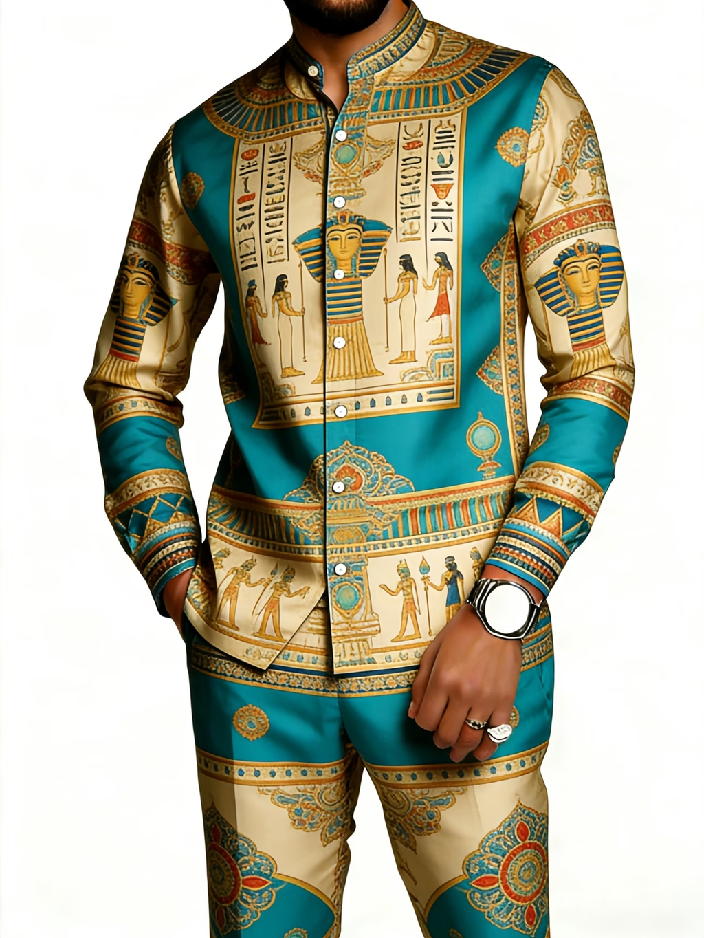 2026 Hot Selling Cross-Border Men's African Ethnic Print Casual Long-Sleeved Trousers Set