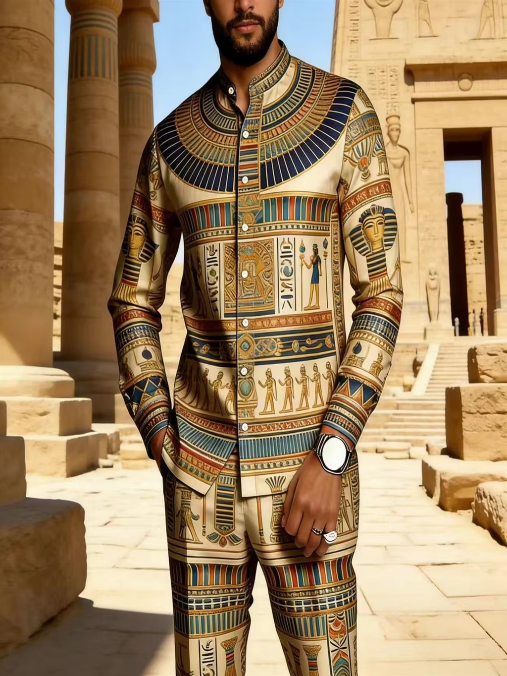 2026 Hot Selling Cross-Border Men's African Ethnic Print Casual Long-Sleeved Trousers Set