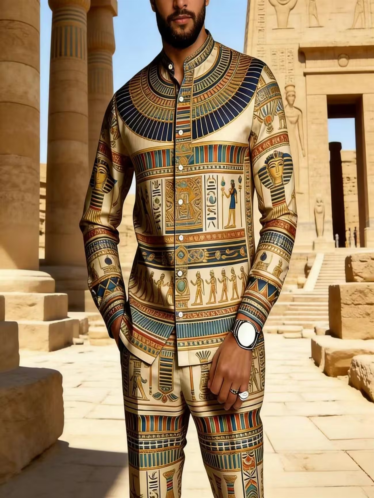 2026 Hot Selling Cross-Border Men's African Ethnic Print Casual Long-Sleeved Trousers Set