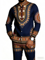 Men's Dashiki-Inspired Geometric Print Long Sleeve Shirt & Pants Set