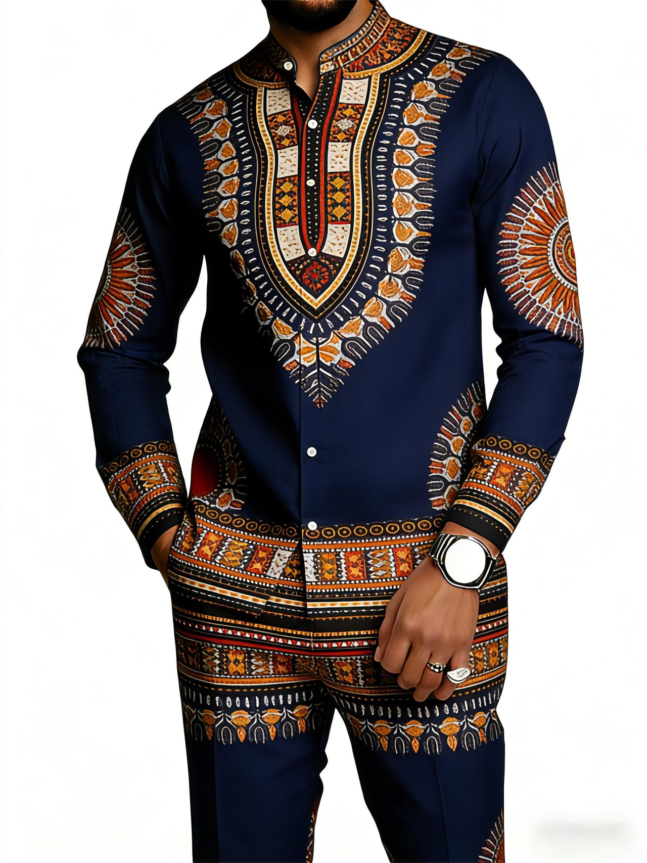 Men's Dashiki-Inspired Geometric Print Long Sleeve Shirt & Pants Set