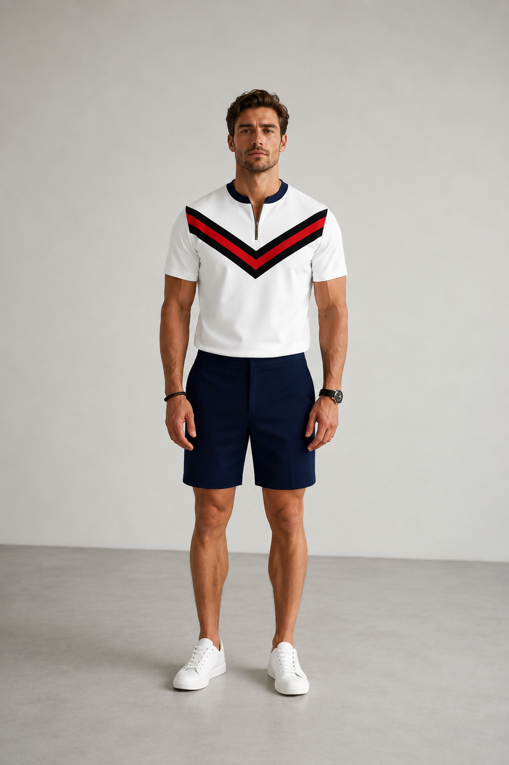 Men's two-piece set featuring a short-sleeved, half-zip polo top with a small stand-up collar and printed pattern, paired with shorts.