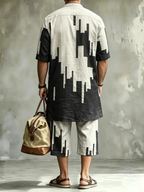 2026 New Men's Loose Plus-Size Abstract Print Stand-Collar Long Shirt & Cropped Pants Two-Piece Set
