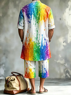 2026 New Men's Loose Plus-Size Abstract Print Stand-Collar Long Shirt & Cropped Pants Two-Piece Set