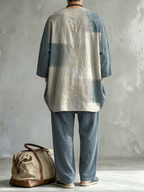 New Men's Spring/Autumn Two-Piece Set: Casual Crew-Neck Top with Abstract Colorful Print and Folded Sleeves—Perfect for Leisure and Vacation.