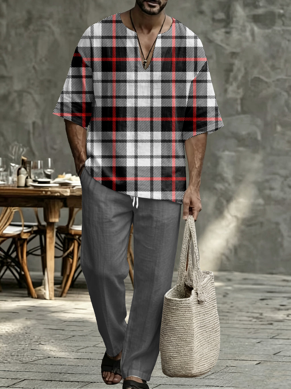 Men’s Plaid V Neck Two Piece Set - Casual Short Sleeve Shirt & Drawstring Pants