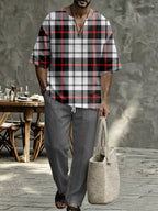 Men’s Plaid V Neck Two Piece Set - Casual Short Sleeve Shirt & Drawstring Pants