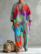 New Men's Spring/Autumn Two-Piece Set: Casual Crew-Neck Top with Abstract Colorful Print and Folded Sleeves—Perfect for Leisure and Vacation.