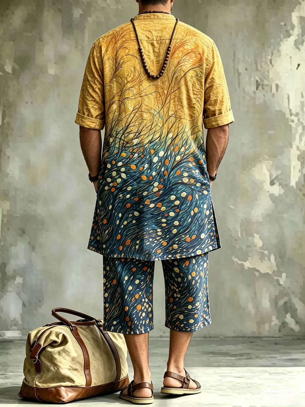 2026 New Men's Loose Plus-Size Abstract Print Stand-Collar Long Shirt & Cropped Pants Two-Piece Set