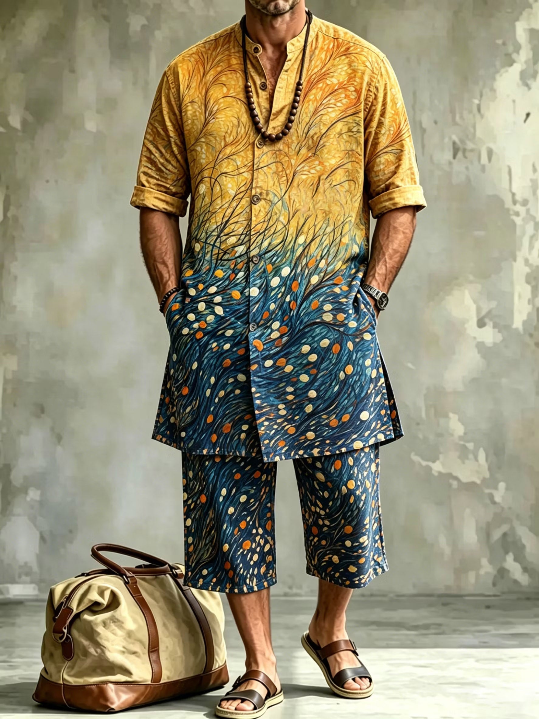2026 New Men's Loose Plus-Size Abstract Print Stand-Collar Long Shirt & Cropped Pants Two-Piece Set