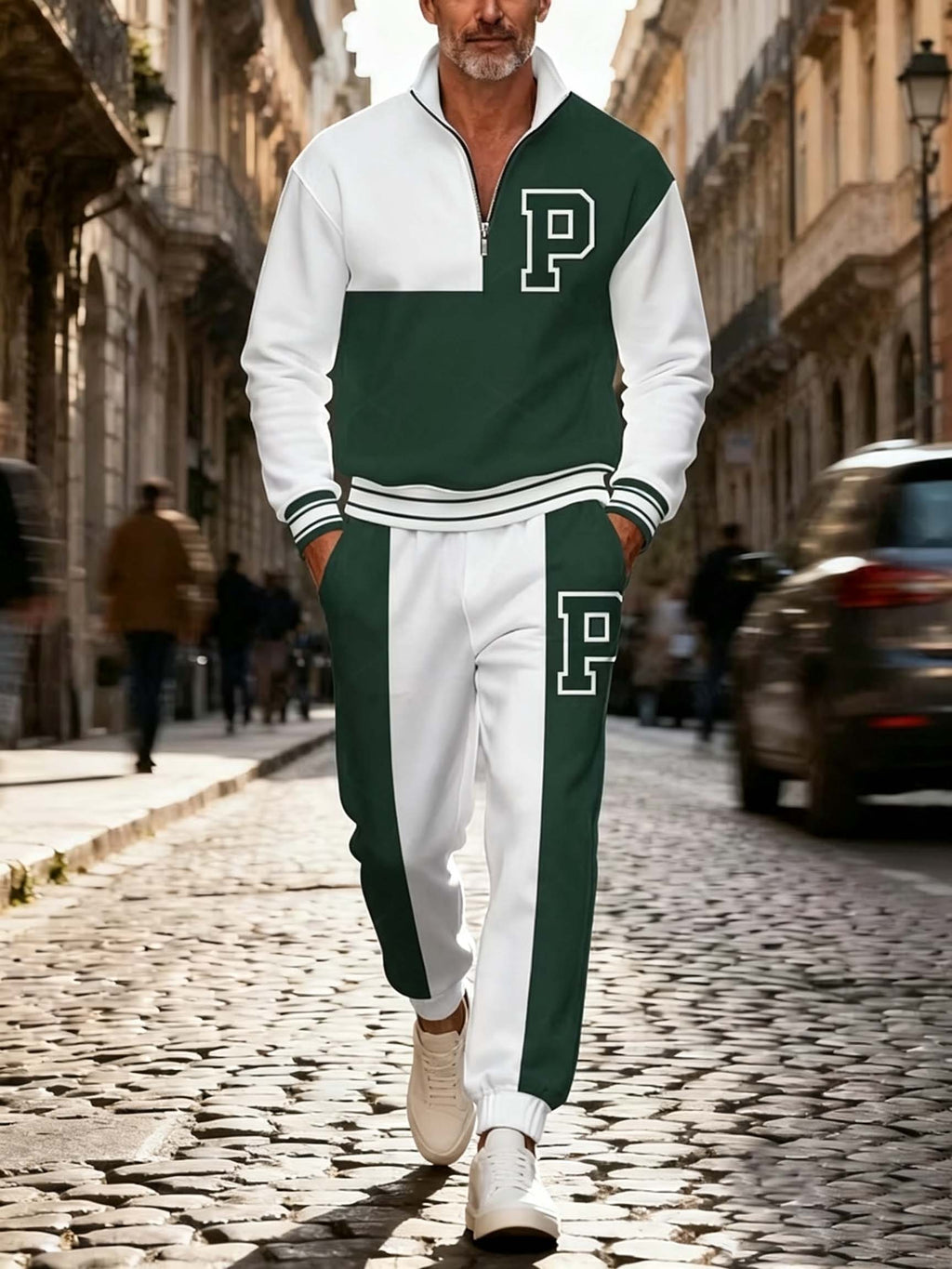 Men's Letter Patch Quarter Zip Tracksuit Set - Casual Pullover & Joggers