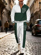 Men's Letter Patch Quarter Zip Tracksuit Set - Casual Pullover & Joggers