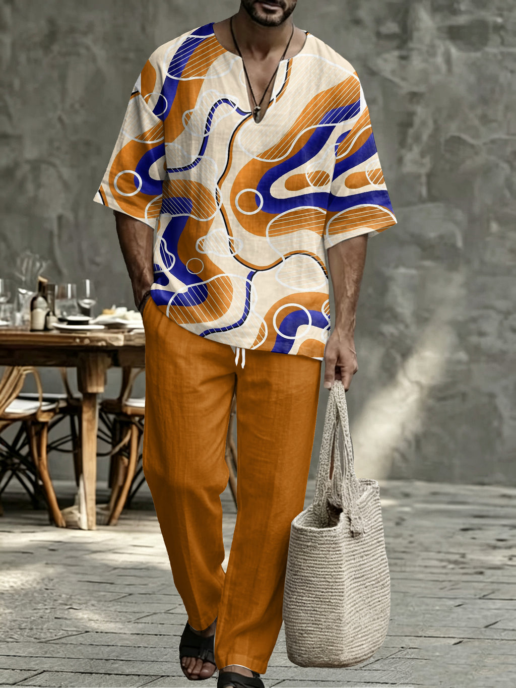 Men's Navy Striped V Neck Two Piece Set - Relaxed Summer Shirt & Pants