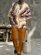 Men's Navy Striped V Neck Two Piece Set - Relaxed Summer Shirt & Pants