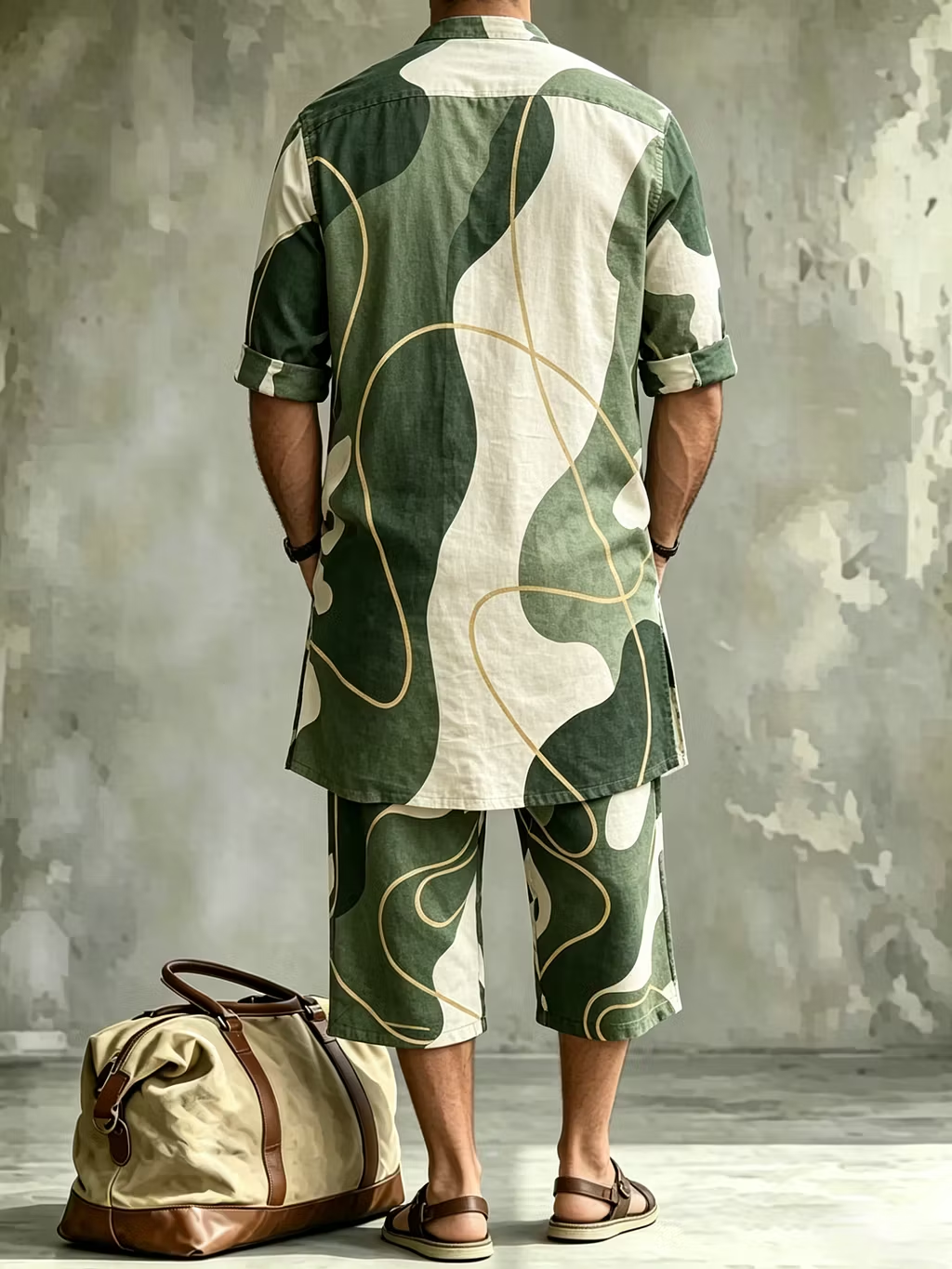 2026 New Men's Loose Plus-Size Abstract Print Stand-Collar Long Shirt & Cropped Pants Two-Piece Set