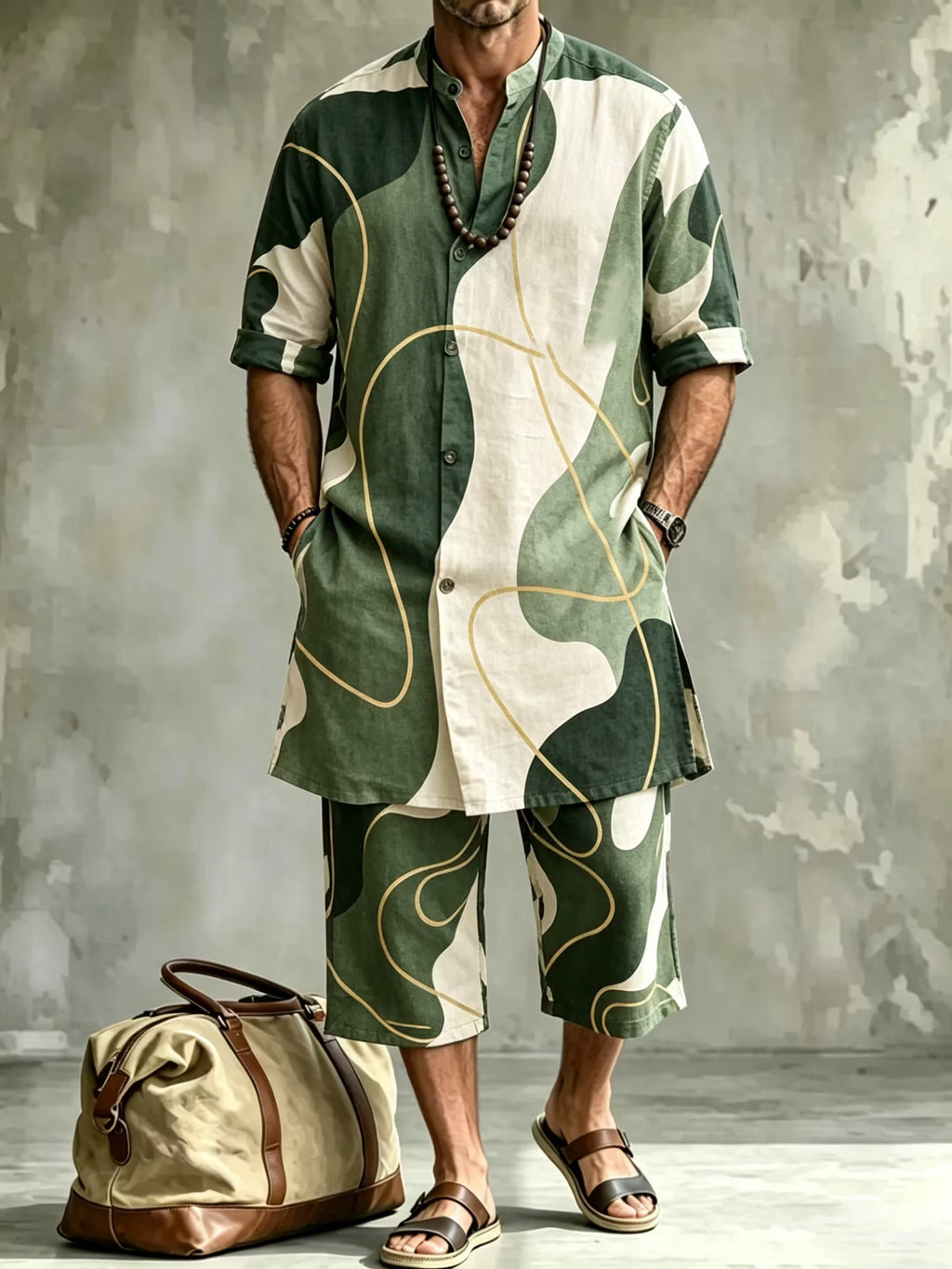 2026 New Men's Loose Plus-Size Abstract Print Stand-Collar Long Shirt & Cropped Pants Two-Piece Set
