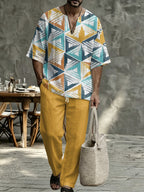 Men’s Plaid V Neck Two Piece Set - Casual Short Sleeve Shirt & Drawstring Pants