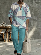 Men’s Plaid V Neck Two Piece Set - Casual Short Sleeve Shirt & Drawstring Pants