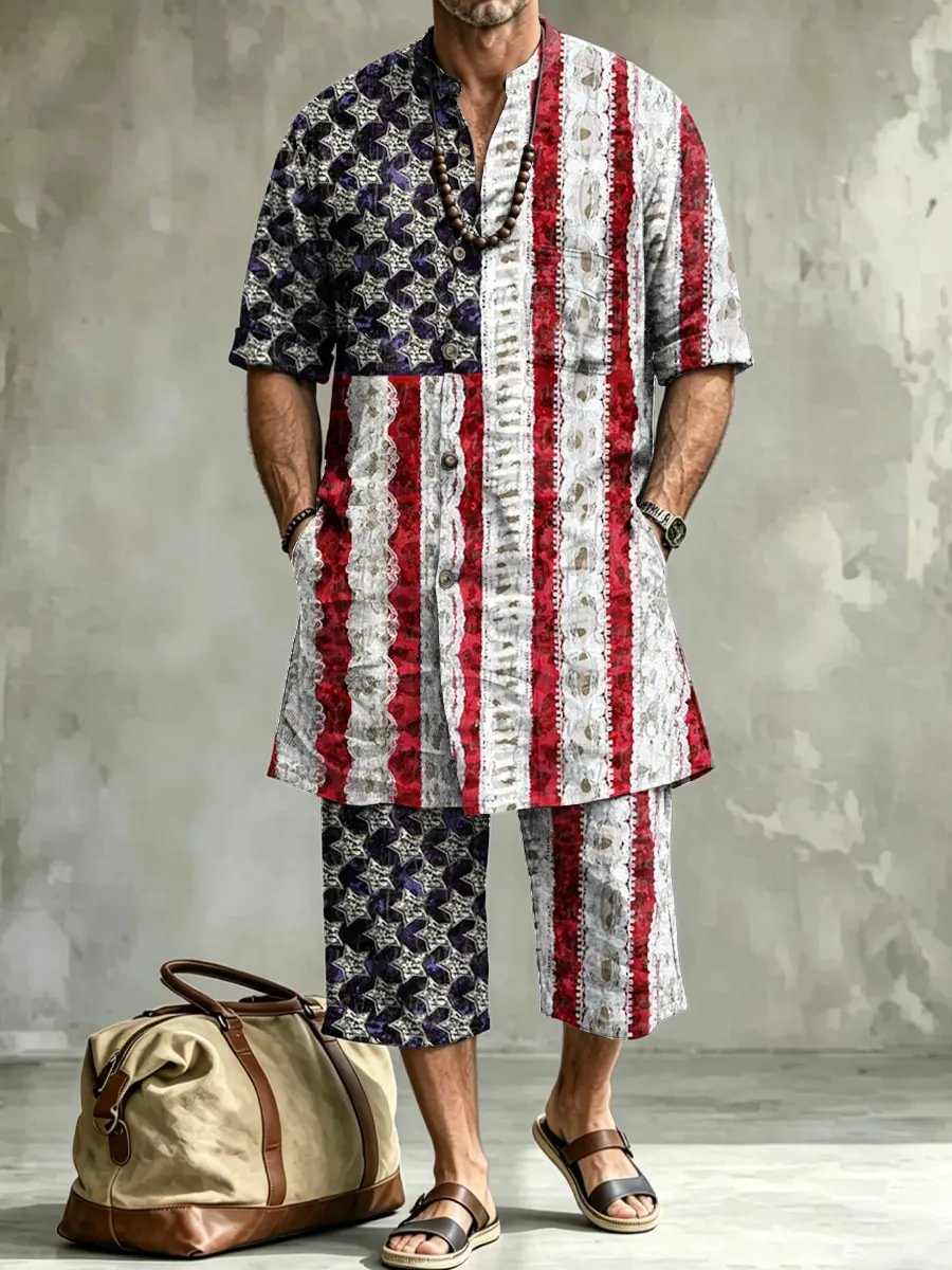 2026 New Men's Loose Plus-Size Abstract Print Stand-Collar Long Shirt & Cropped Pants Two-Piece Set