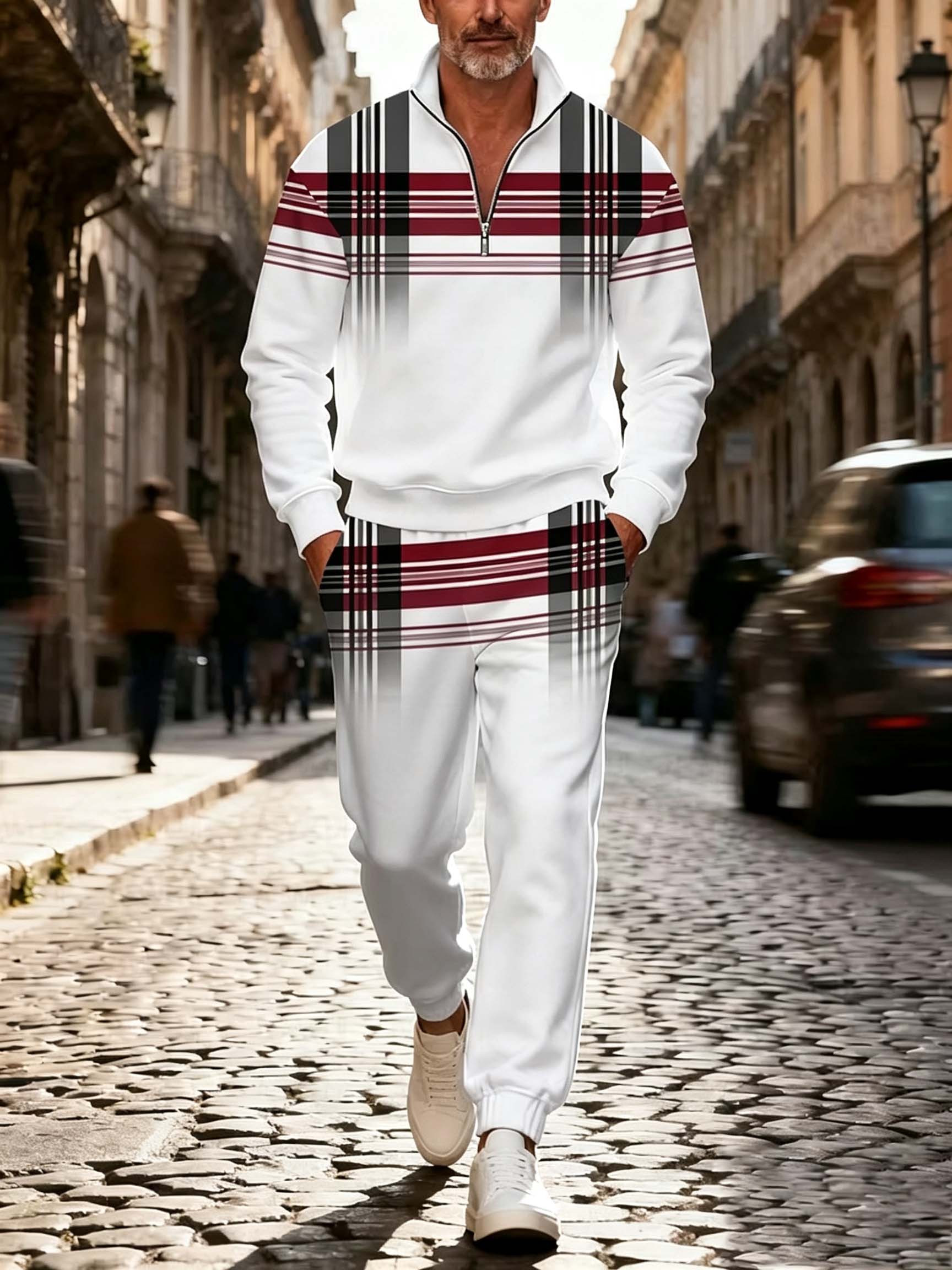 Men's Letter Patch Quarter Zip Tracksuit Set - Casual Pullover & Joggers