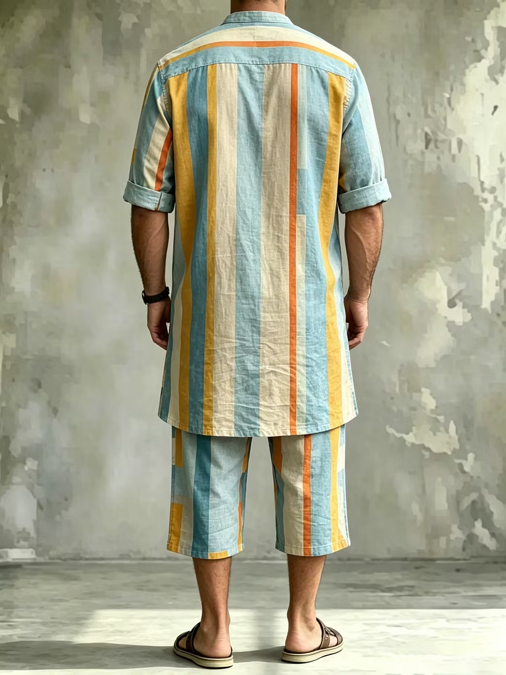 2026 New Men's Loose Plus-Size Abstract Print Stand-Collar Long Shirt & Cropped Pants Two-Piece Set