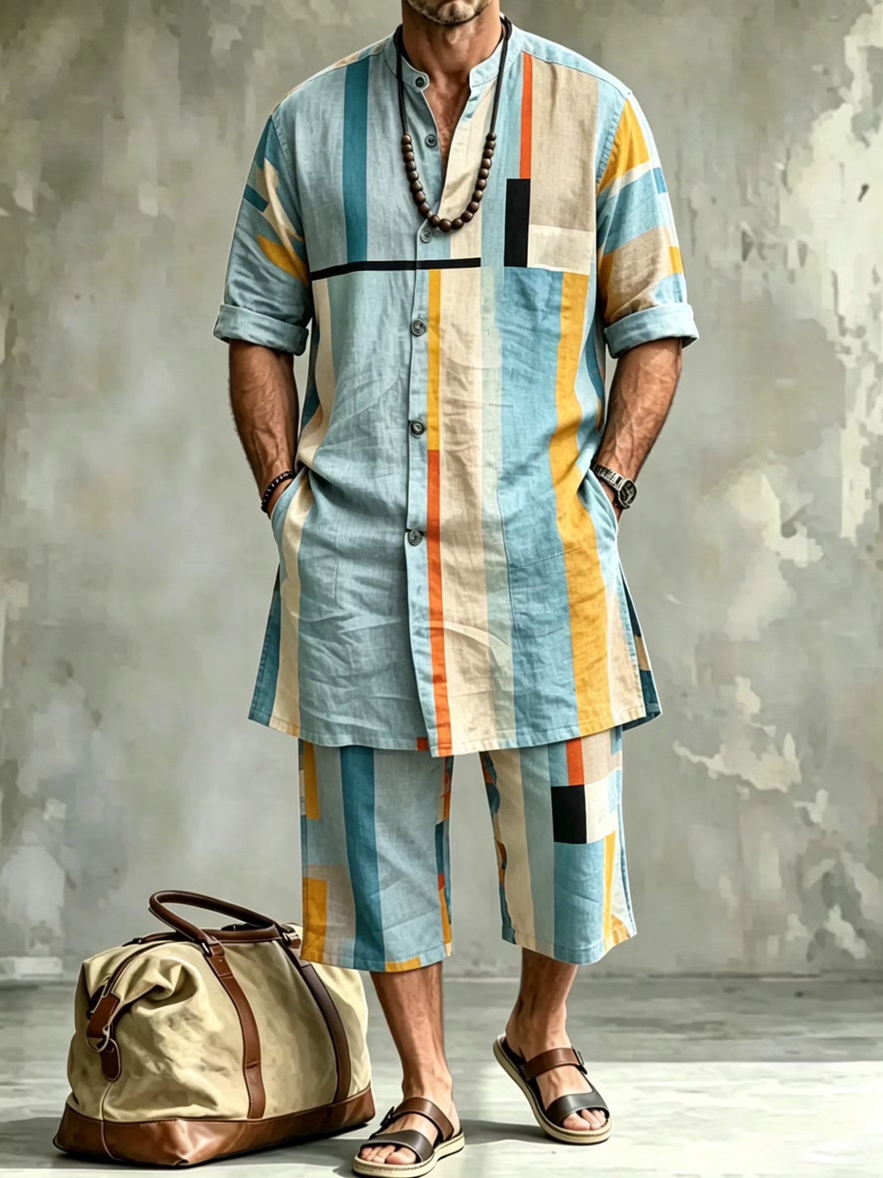 2026 New Men's Loose Plus-Size Abstract Print Stand-Collar Long Shirt & Cropped Pants Two-Piece Set