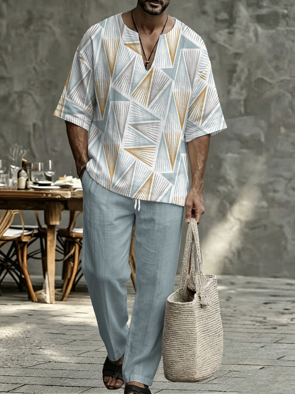 Men’s Plaid V Neck Two Piece Set - Casual Short Sleeve Shirt & Drawstring Pants