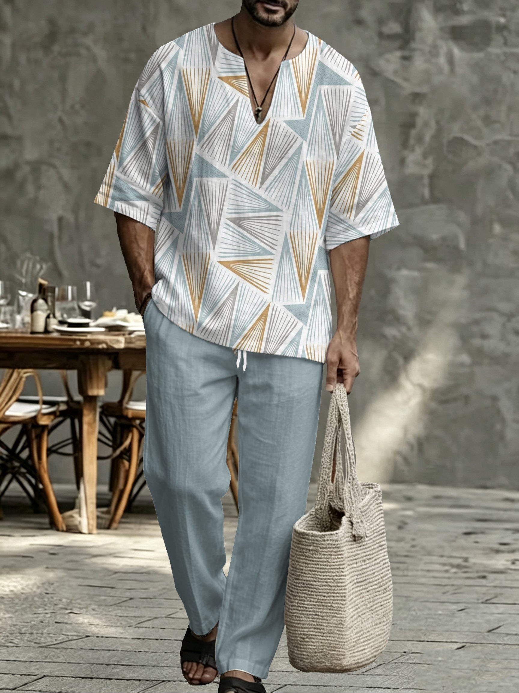 Men’s Plaid V Neck Two Piece Set - Casual Short Sleeve Shirt & Drawstring Pants