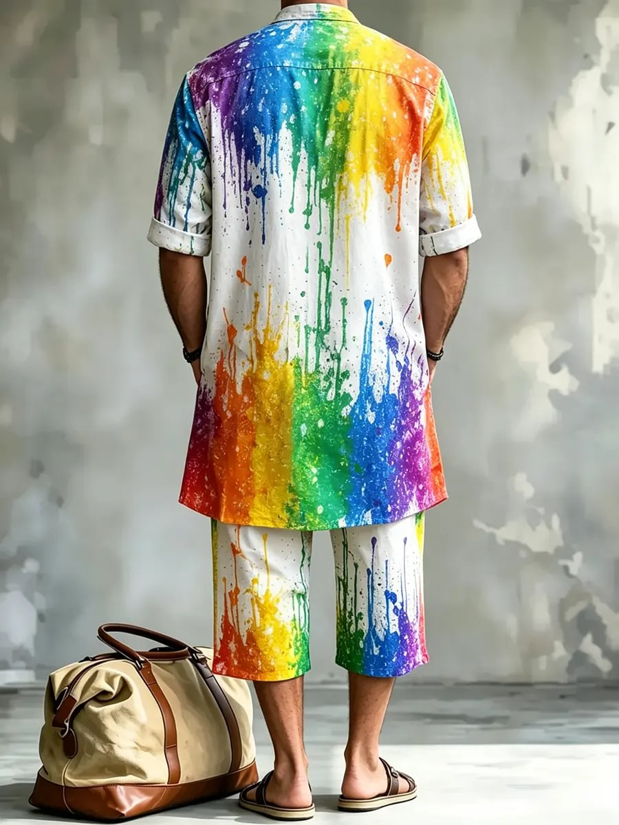 2026 New Men's Loose Plus-Size Abstract Print Stand-Collar Long Shirt & Cropped Pants Two-Piece Set