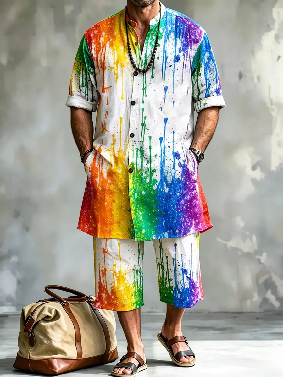 2026 New Men's Loose Plus-Size Abstract Print Stand-Collar Long Shirt & Cropped Pants Two-Piece Set