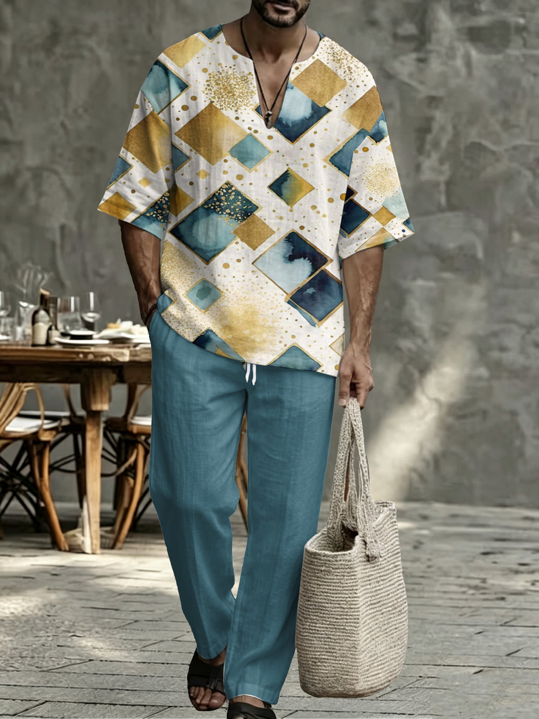 Men's Navy Striped V Neck Two Piece Set - Relaxed Summer Shirt & Pants