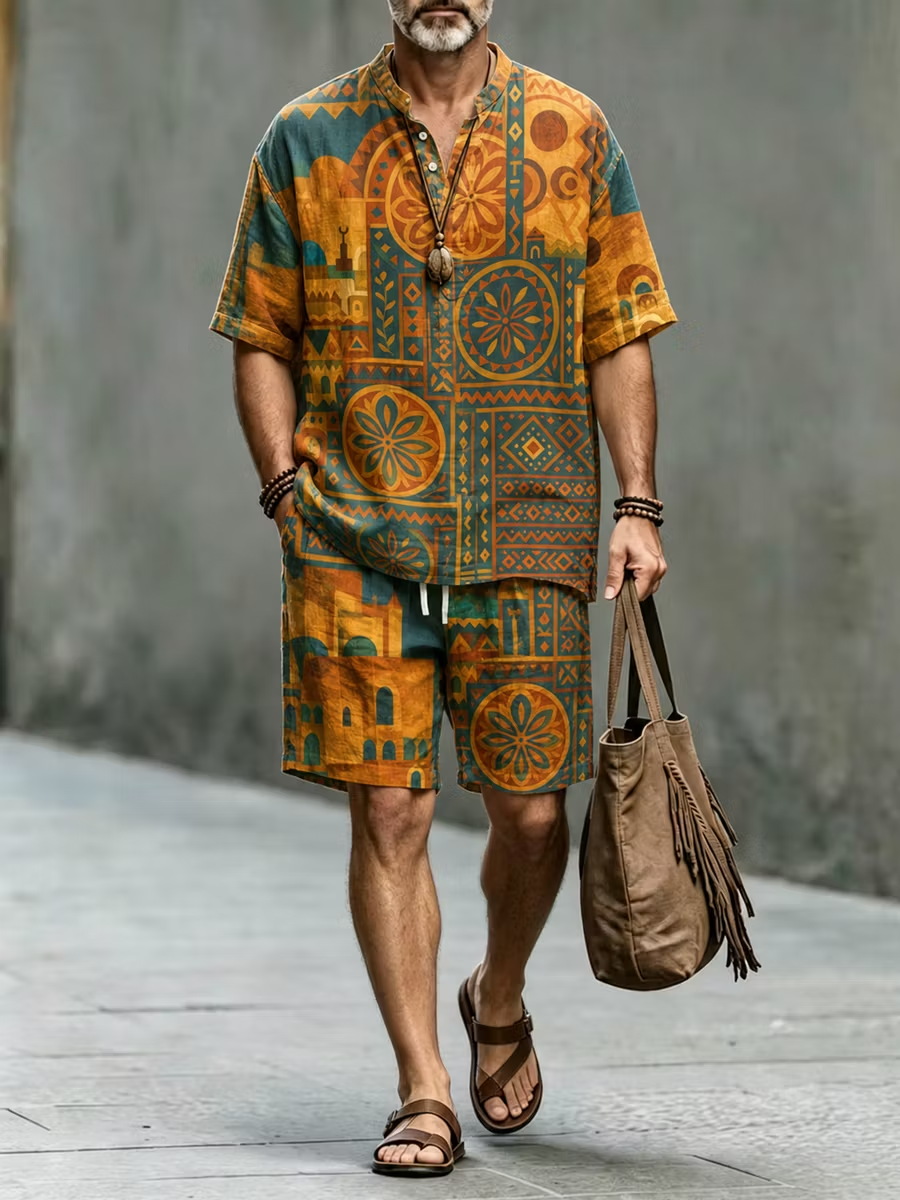 Men's Black Tribal Print Button Shirt & Shorts Set - Casual Summer Outfit