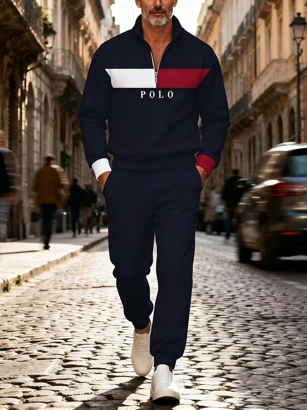 Men's Abstract Panel Quarter Zip Tracksuit Set - Casual Pullover & Joggers