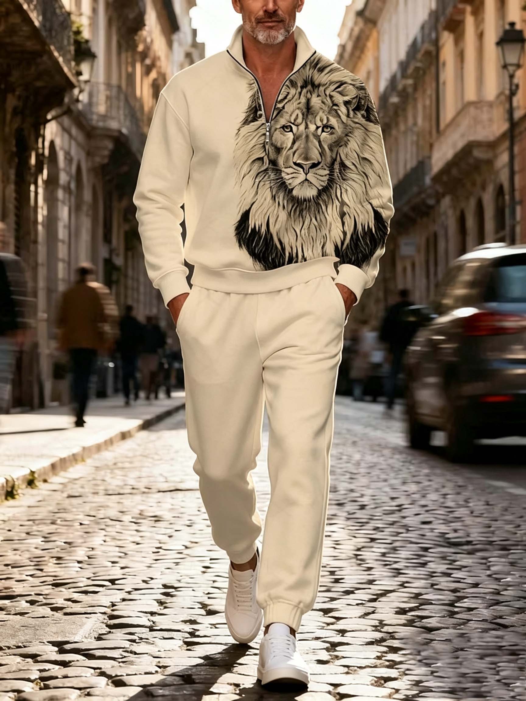 Men's Abstract Panel Quarter Zip Tracksuit Set - Casual Pullover & Joggers