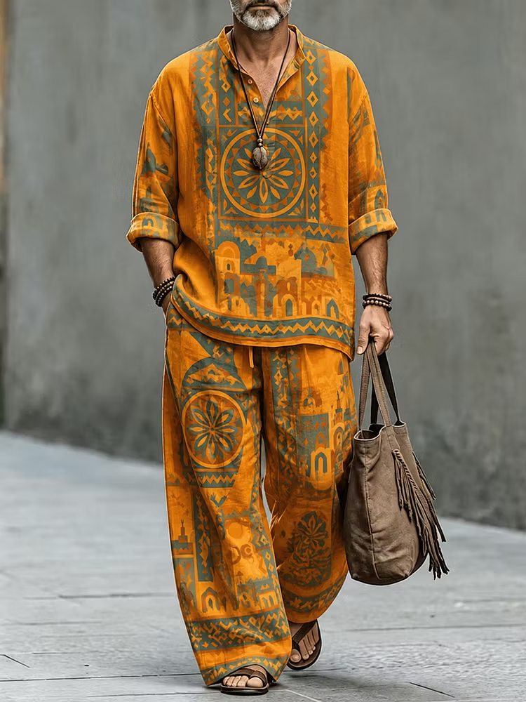 Men's Yellow Wave Print Henley Shirt & Pants Set - Loose Casual Outfit