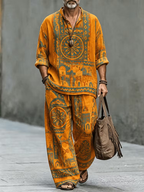 Men's Yellow Wave Print Henley Shirt & Pants Set - Loose Casual Outfit