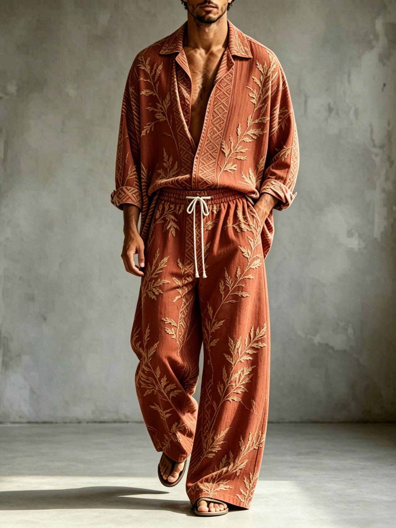 2026 New Men's Casual Printed Long-Sleeve Shirt and Pants Two-Piece Set