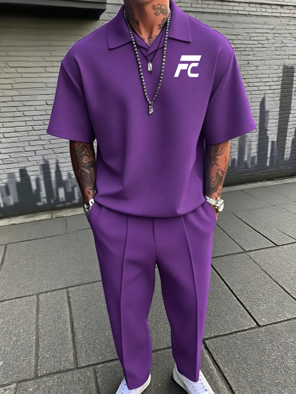 New Men's Summer Casual Two-Piece Set: Short-Sleeve Top & Trousers (Polo Style with Small V-Neck Collar)