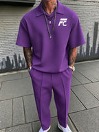 New Men's Summer Casual Two-Piece Set: Short-Sleeve Top & Trousers (Polo Style with Small V-Neck Collar)