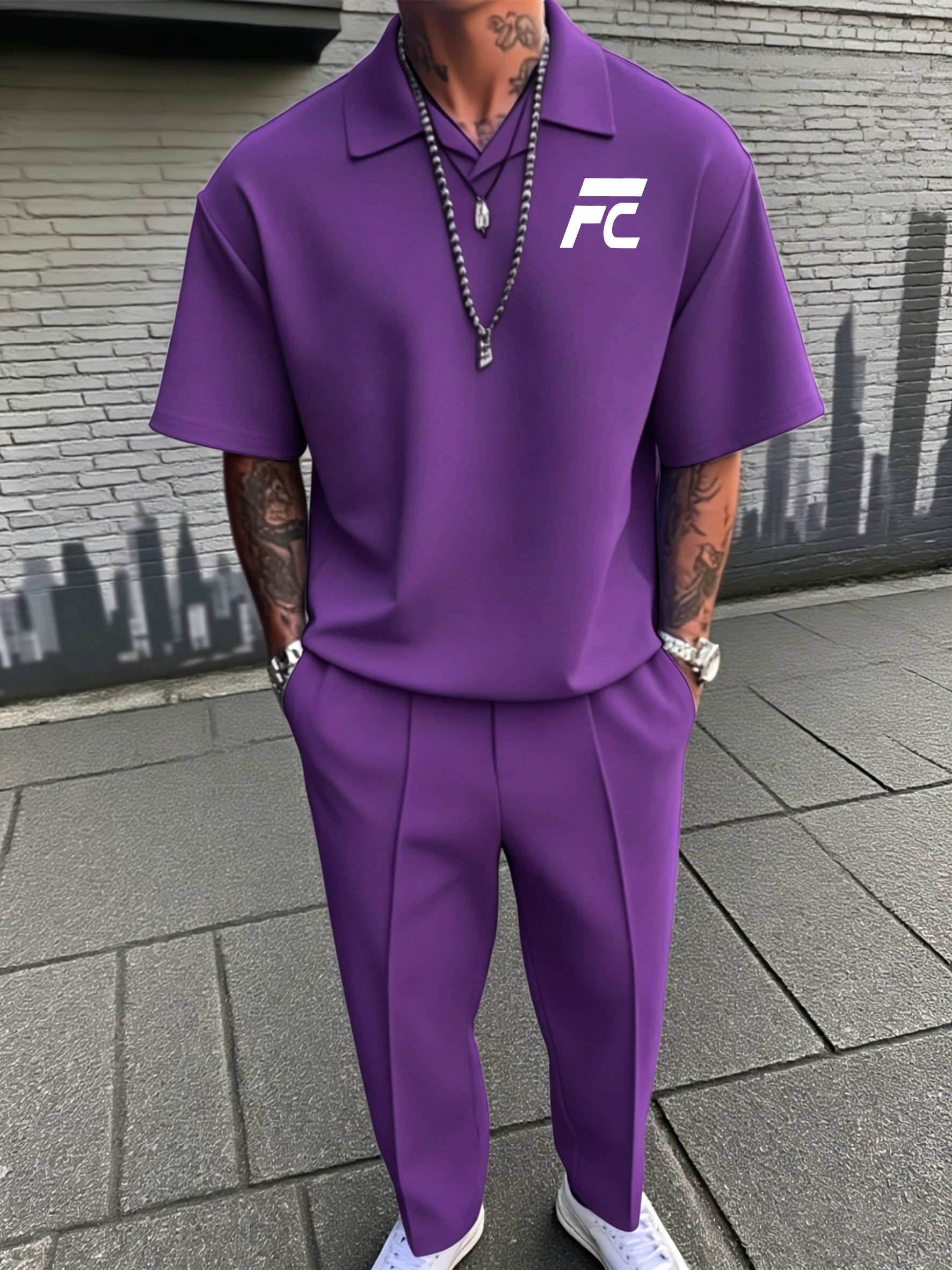 New Men's Summer Casual Two-Piece Set: Short-Sleeve Top & Trousers (Polo Style with Small V-Neck Collar)