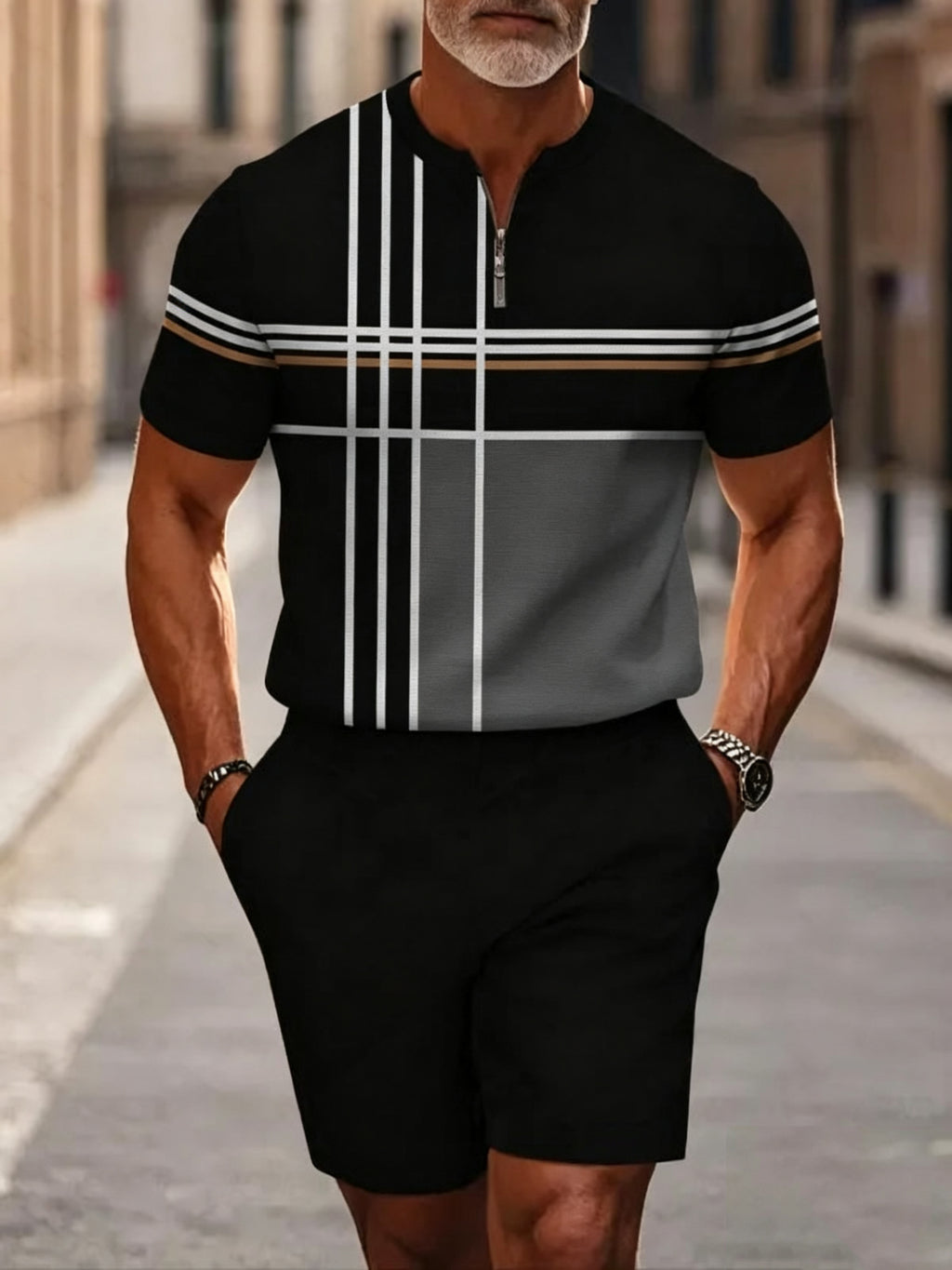 Men's half-zip polo shirt and shorts matching set
