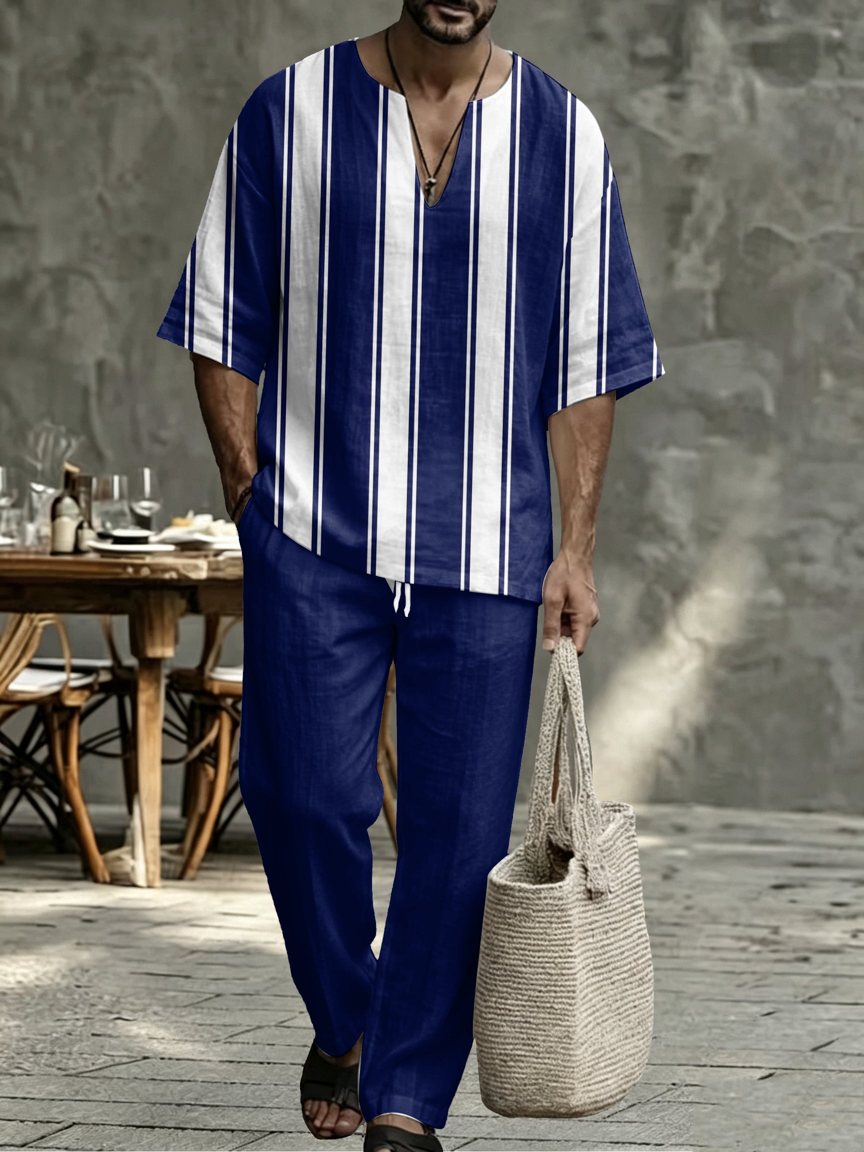 Men's Navy Striped V Neck Two Piece Set - Relaxed Summer Shirt & Pants