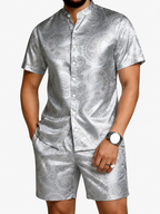 Men's Silver Paisley Short Sleeve Shirt & Shorts Set