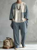 New Men's Spring/Autumn Two-Piece Set: Casual Crew-Neck Top with Abstract Colorful Print and Folded Sleeves—Perfect for Leisure and Vacation.