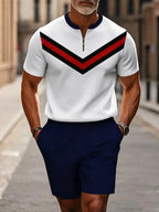 Men's two-piece set featuring a short-sleeved, half-zip polo top with a small stand-up collar and printed pattern, paired with shorts.