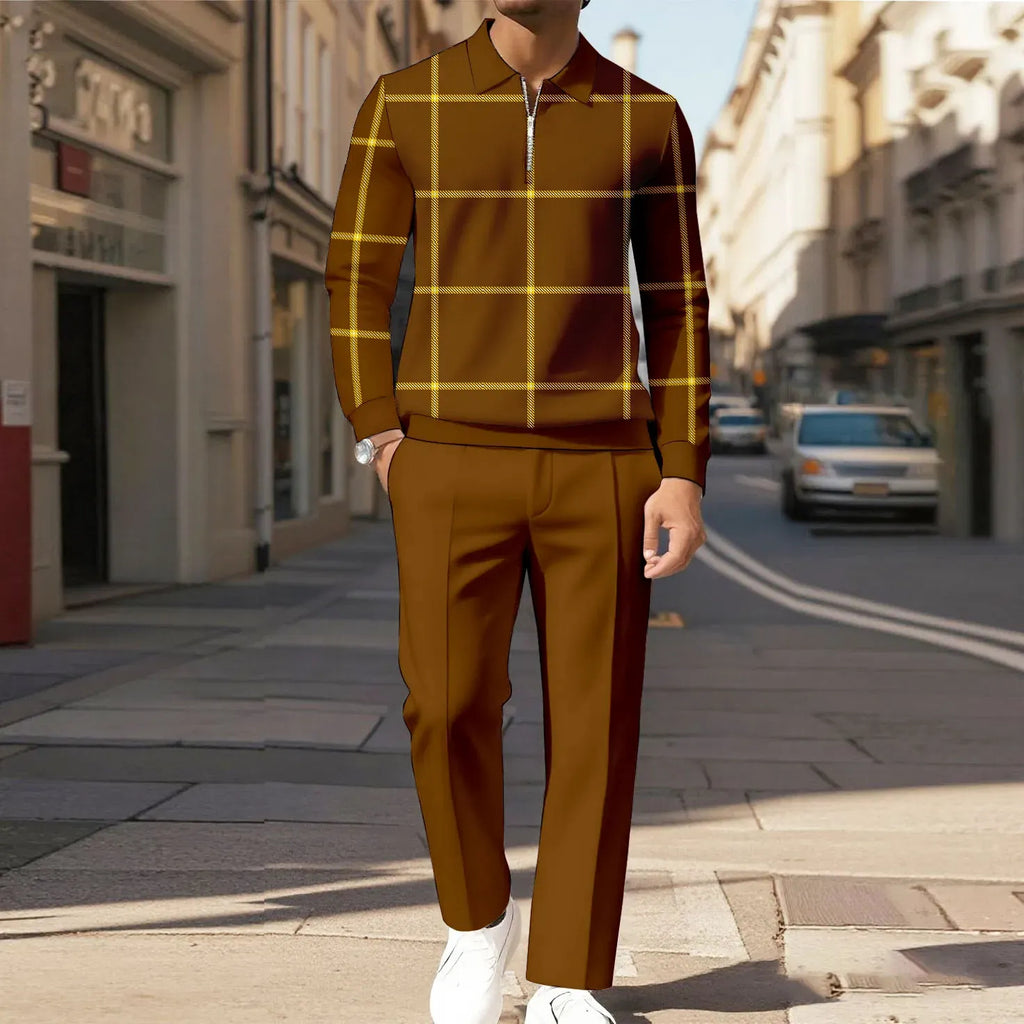 Men's two-piece set featuring a long-sleeved top with a half-zip Polo collar and matching trousers, characterized by an irregular pattern and a casual style.