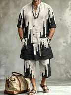 2026 New Men's Loose Plus-Size Abstract Print Stand-Collar Long Shirt & Cropped Pants Two-Piece Set