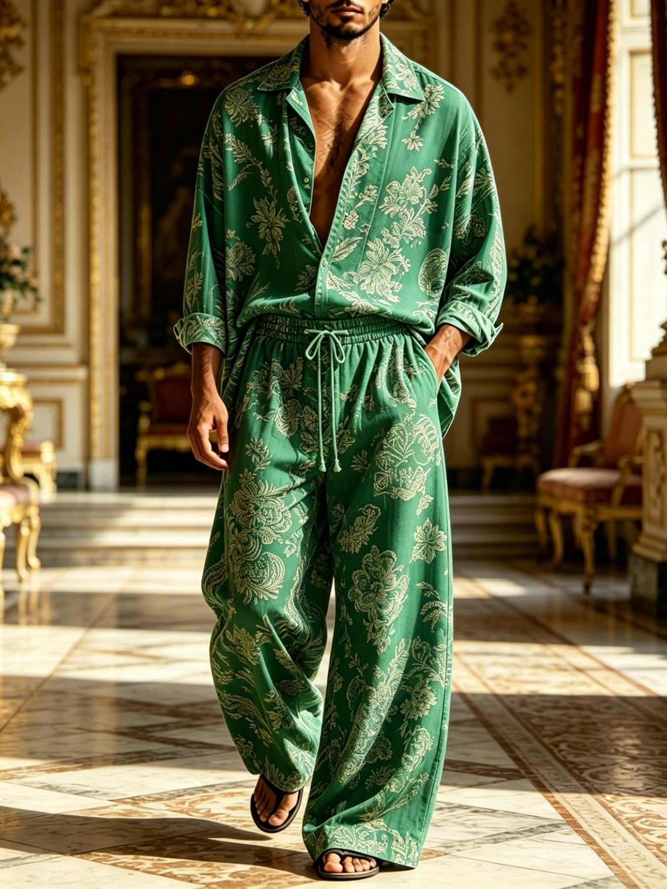 2026 New Men's Casual Printed Long-Sleeve Shirt and Pants Two-Piece Set