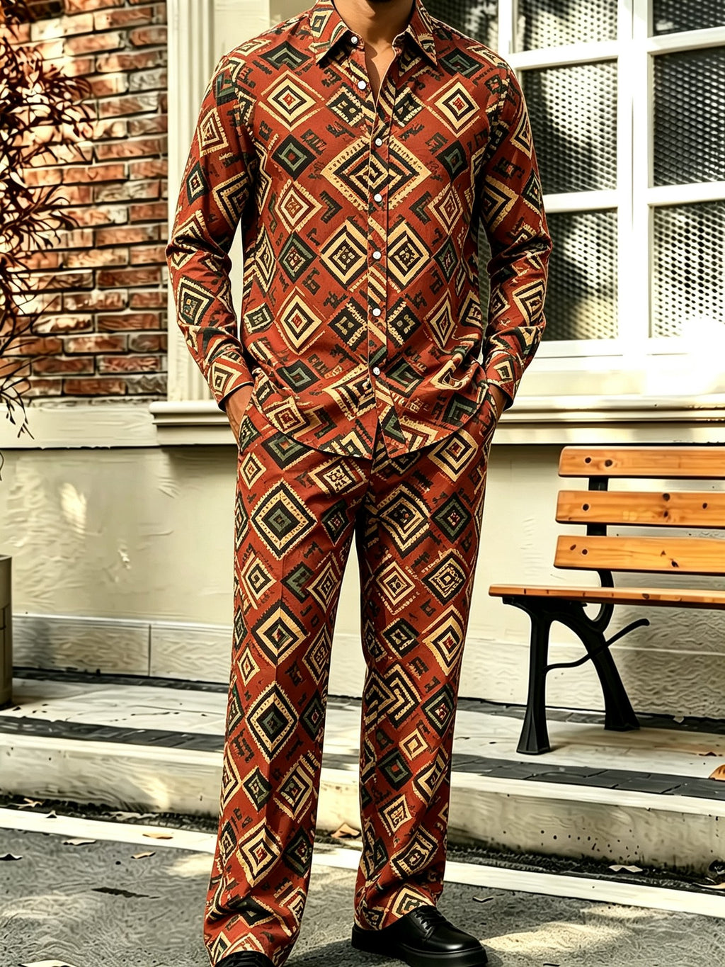 Men's Collared Long-Sleeve Shirt and Pants Two-Piece Set – Floral Print